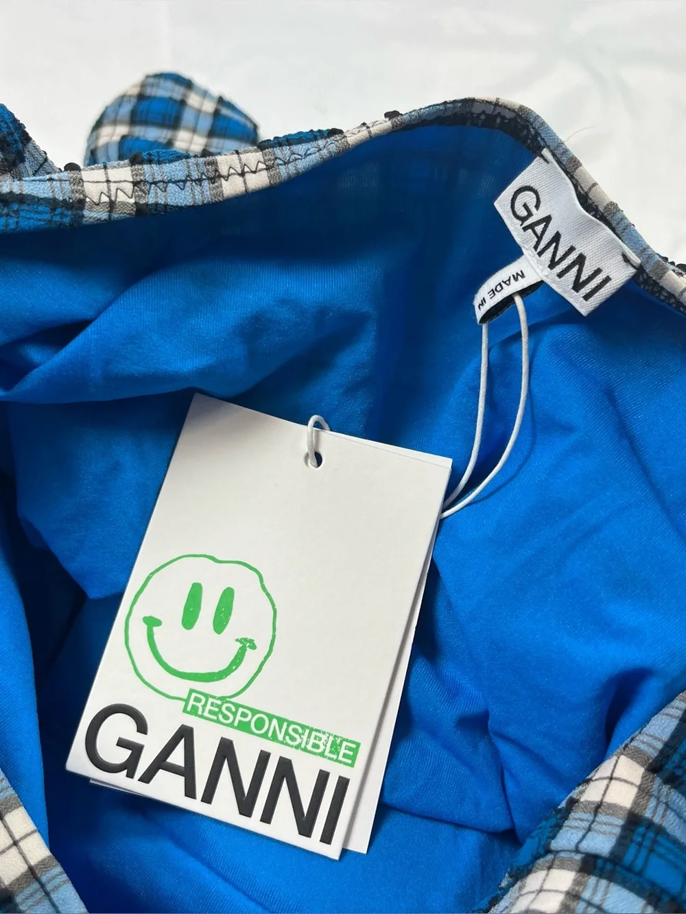 GANNI Recycled Seersucker Frill Halterneck Swimsuit Plaid Azure Blue Sz 40 New